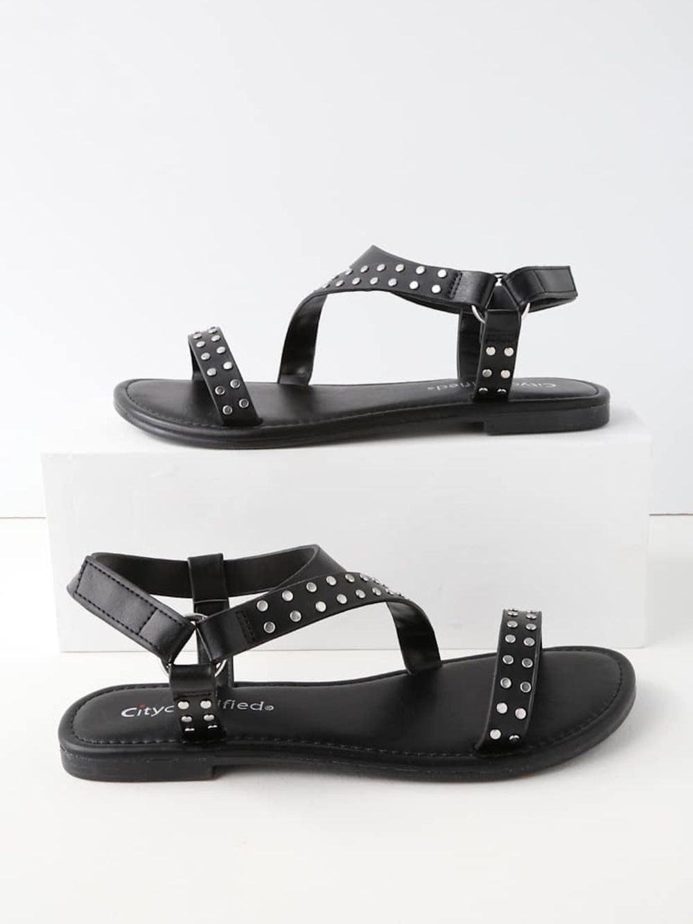 Cityclassified Black Studded Strap Flat Sandals